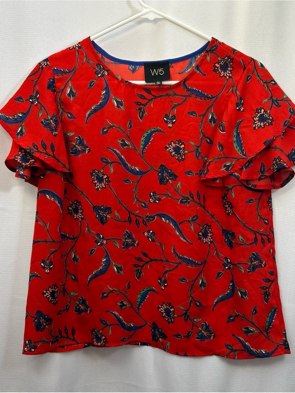 W5 Red Floral Short Ruffle Sleeve Blouse